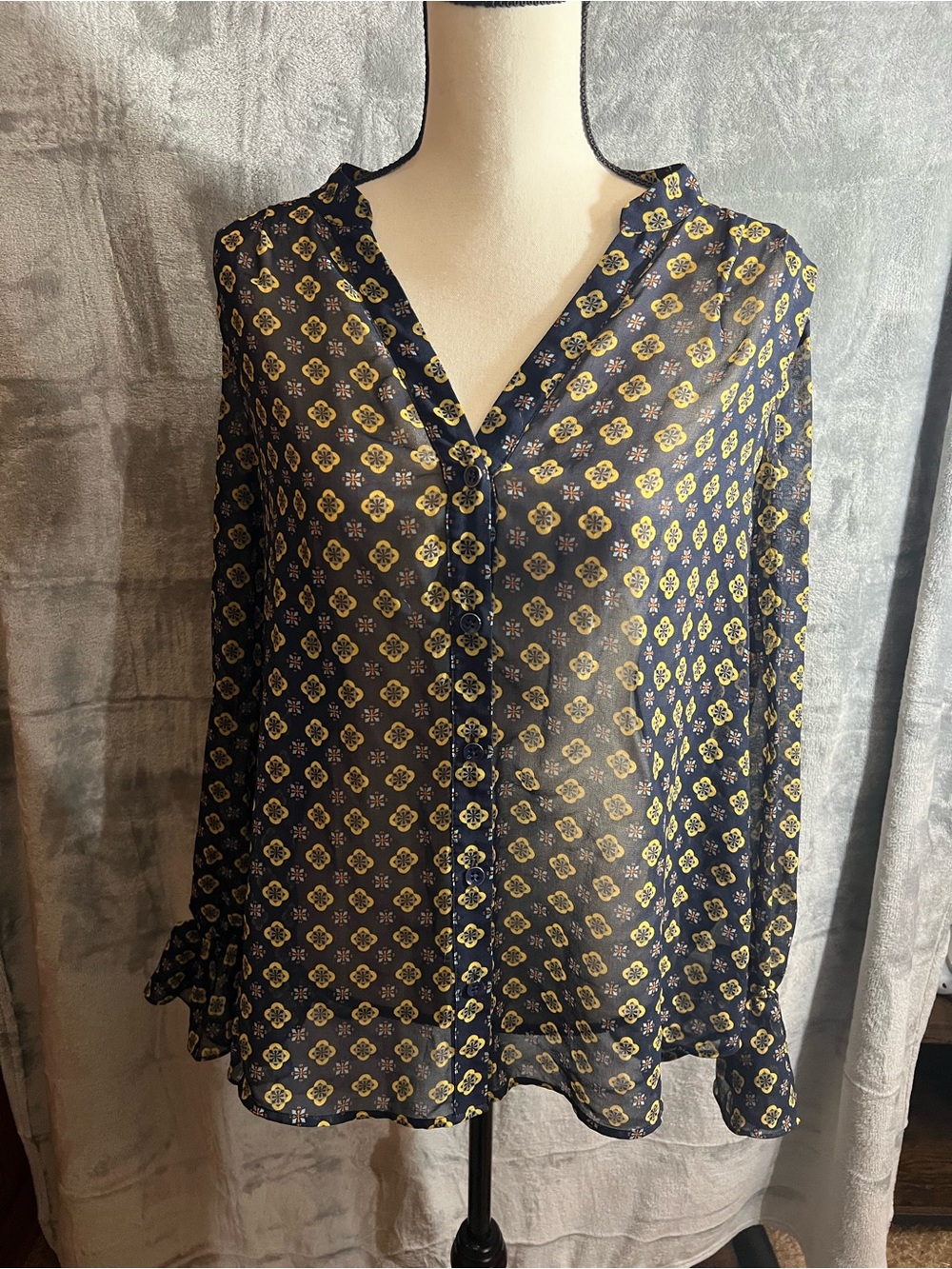 CAbi Navy and Yellow Medallion Button-Front Blouse